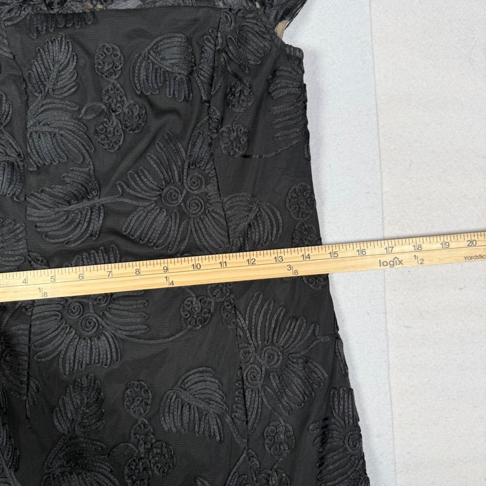 Halston Black Floral Embroidered Mesh Ruffle Hem Cocktail Dress Size 4 Cap - Picture 5 of 8